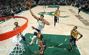 NBA常规赛雄鹿128-119战胜步行者 字母哥50+14+4