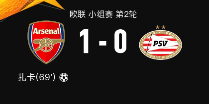欧联杯第2轮：阿森纳1-0埃因霍温 扎卡抽射破门富安健洋助攻
