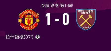 英超第14轮：曼联1-0西汉姆联 拉什福德斩红魔生涯百球